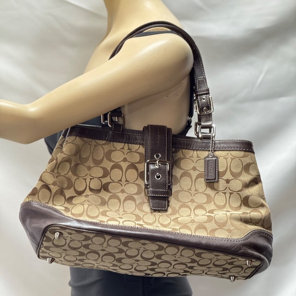 Coach Signature Women's Canvas & Leather Satchel Handbag Brown Dual Handles - Picture 12 of 13